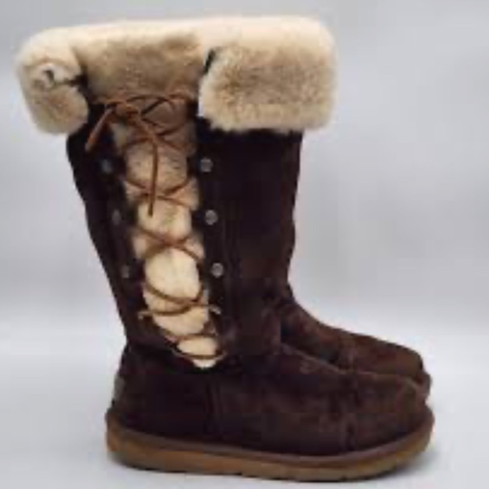UGG upside down brown winter boots with plush lining and decorative lacing